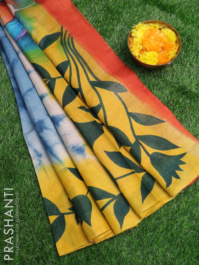 Pure tussar silk saree pastel blue and yellow with allover tie & dye prints and printed border - {{ collection.title }} by Prashanti Sarees