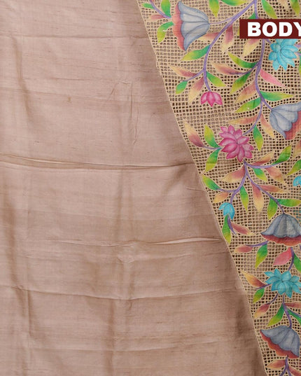 Pure tussar silk saree pastel brown and lavender with floral prints and cut work - {{ collection.title }} by Prashanti Sarees