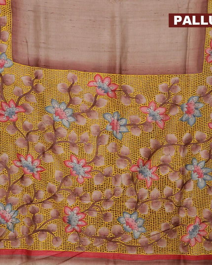Pure tussar silk saree pastel brown and maroon with floral prints and cut work - {{ collection.title }} by Prashanti Sarees