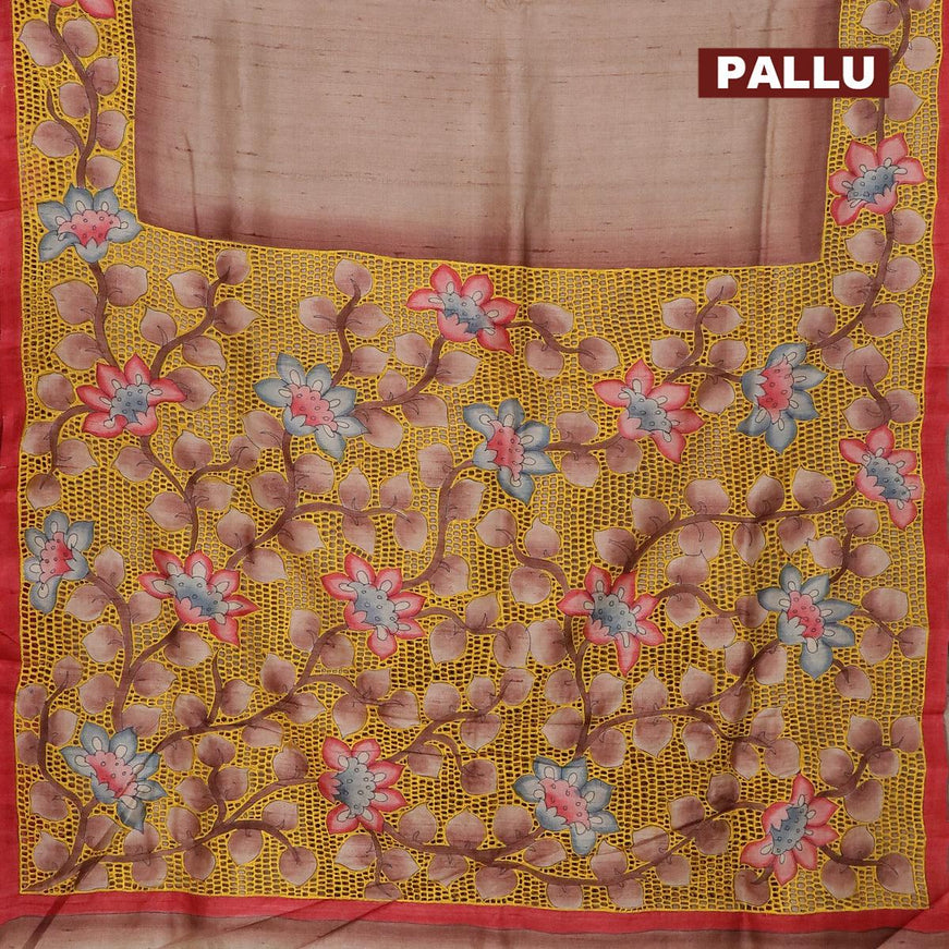 Pure tussar silk saree pastel brown and maroon with floral prints and cut work - {{ collection.title }} by Prashanti Sarees