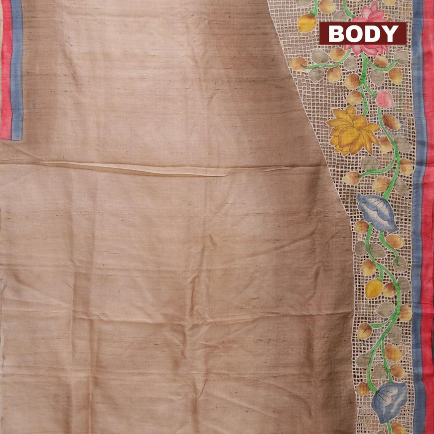 Pure tussar silk saree pastel brown and red with floral prints and cut work - {{ collection.title }} by Prashanti Sarees