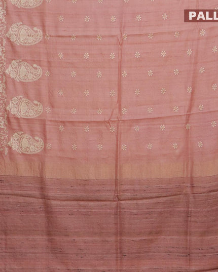 Pure tussar silk saree peach shade with allover floral lucknowi work and zari woven border - {{ collection.title }} by Prashanti Sarees