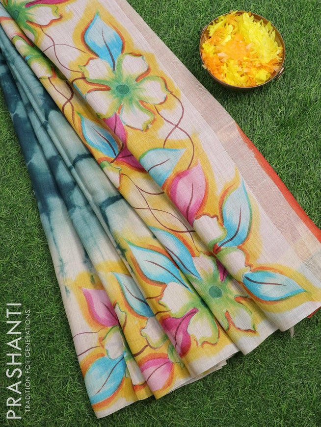 Pure tussar silk saree peacock green and cream with allover tie & dye prints and printed border - {{ collection.title }} by Prashanti Sarees