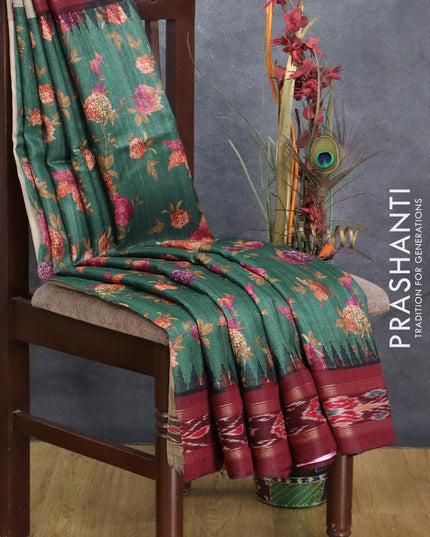 Pure tussar silk saree peacock green and deep maroon with allover prints and vidarbha border - {{ collection.title }} by Prashanti Sarees