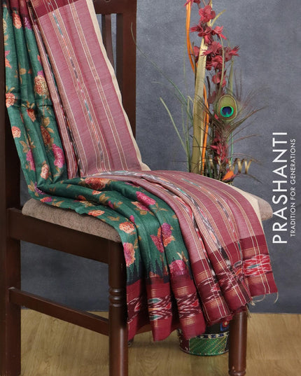 Pure tussar silk saree peacock green and deep maroon with allover prints and vidarbha border - {{ collection.title }} by Prashanti Sarees