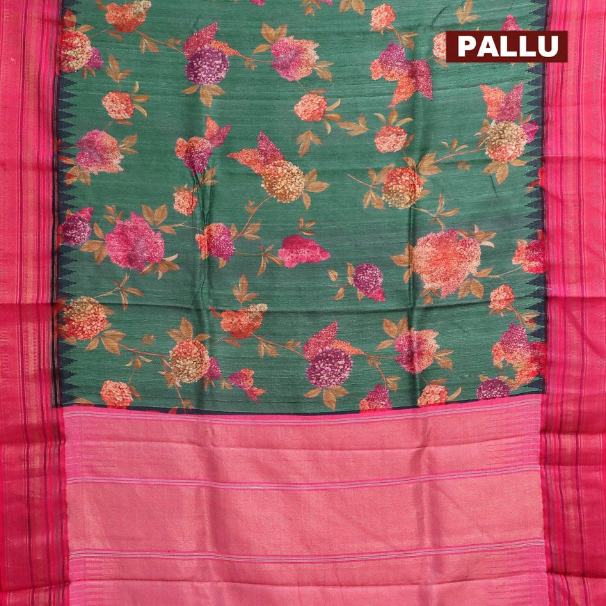 Pure tussar silk saree peacock green and pink with allover prints and temple design zari woven border - {{ collection.title }} by Prashanti Sarees