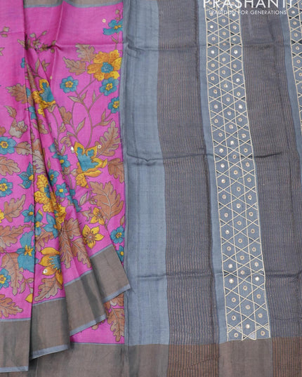 Pure tussar silk saree pink and grey with floral prints and cut work pallu - {{ collection.title }} by Prashanti Sarees