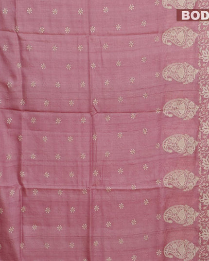 Pure tussar silk saree pink shade with allover floral lucknowi work and zari woven border - {{ collection.title }} by Prashanti Sarees