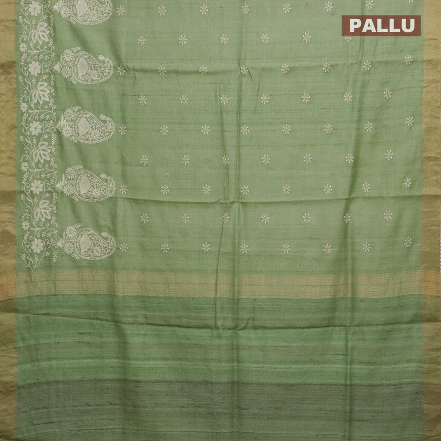 Pure tussar silk saree pista green with allover floral lucknowi work and zari woven border - {{ collection.title }} by Prashanti Sarees