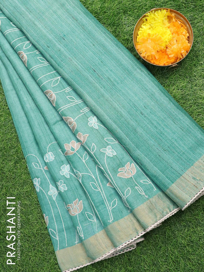 Pure tussar silk saree teal blue with allover floral lucknowi work and zari woven border - {{ collection.title }} by Prashanti Sarees