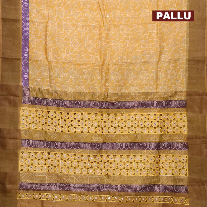 Pure tussar silk saree yellow and brown with allover geometric prints and cut work pallu - {{ collection.title }} by Prashanti Sarees