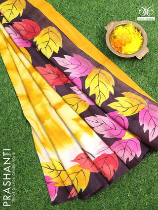 Pure tussar silk saree yellow and deep wine shade with tie & dye prints and printed border