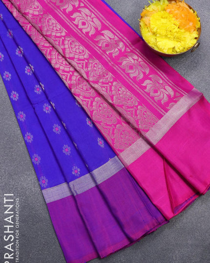 Pure uppada silk saree blue and pink with thread & silver zari woven floral buttas and silver zari woven simple border - {{ collection.title }} by Prashanti Sarees