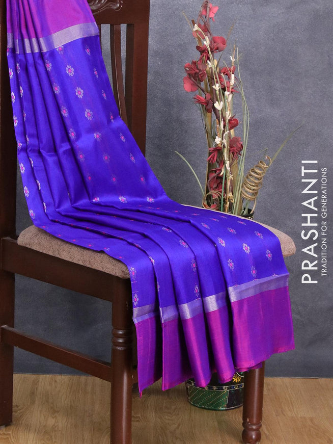 Pure uppada silk saree blue and pink with thread & silver zari woven floral buttas and silver zari woven simple border - {{ collection.title }} by Prashanti Sarees