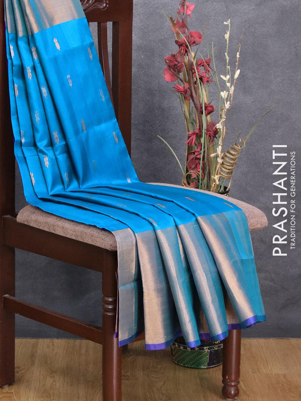Pure uppada silk saree cs blue and blue with silver & gold zari woven buttas and long zari woven border - {{ collection.title }} by Prashanti Sarees