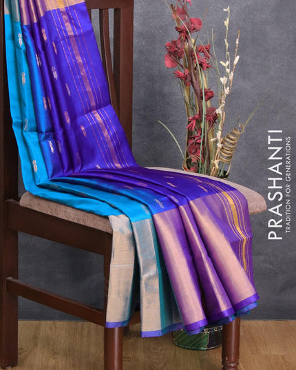 Pure uppada silk saree cs blue and blue with silver & gold zari woven buttas and long zari woven border - {{ collection.title }} by Prashanti Sarees