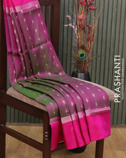 Pure uppada silk saree dual shade of green and pink with silver zari woven floral buttas and silver zari woven simple border - {{ collection.title }} by Prashanti Sarees