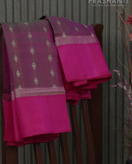 Pure uppada silk saree dual shade of green and pink with silver zari woven floral buttas and silver zari woven simple border - {{ collection.title }} by Prashanti Sarees