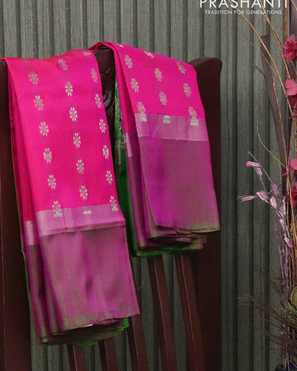 Pure uppada silk saree dual shade of pink and light green with silver zari woven floral buttas and silver zari woven simple border - {{ collection.title }} by Prashanti Sarees