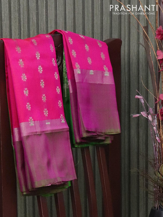 Pure uppada silk saree dual shade of pink and light green with silver zari woven floral buttas and silver zari woven simple border - {{ collection.title }} by Prashanti Sarees