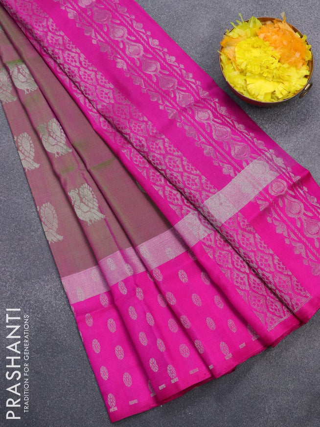 Pure uppada silk saree dual shade of pinkish green and pink with silver zari woven annam buttas and silver zari woven butta border - {{ collection.title }} by Prashanti Sarees