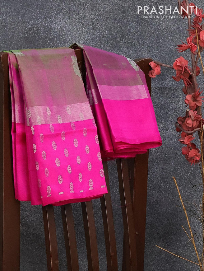 Pure uppada silk saree dual shade of pinkish green and pink with silver zari woven annam buttas and silver zari woven butta border - {{ collection.title }} by Prashanti Sarees