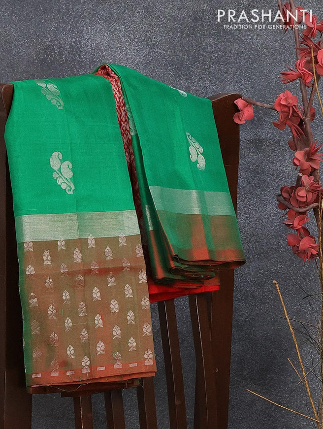 Pure uppada silk saree green and dual shade of green with silver zari woven buttas and silver zari woven butta border - {{ collection.title }} by Prashanti Sarees