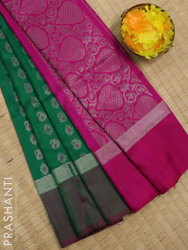 Pure uppada silk saree green and pink with allover silver zari woven buttas and silver zari woven simple border - {{ collection.title }} by Prashanti Sarees