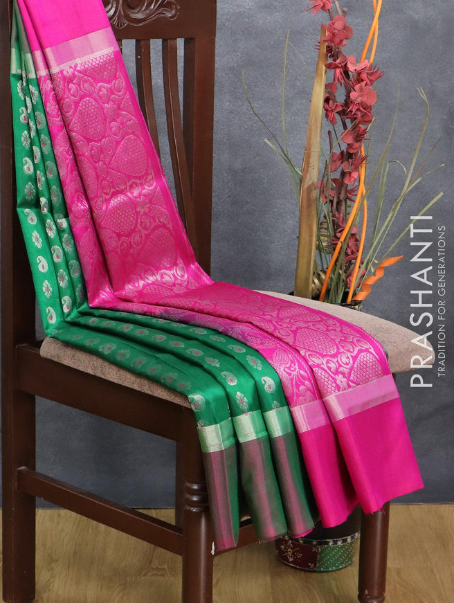 Pure uppada silk saree green and pink with allover silver zari woven buttas and silver zari woven simple border - {{ collection.title }} by Prashanti Sarees