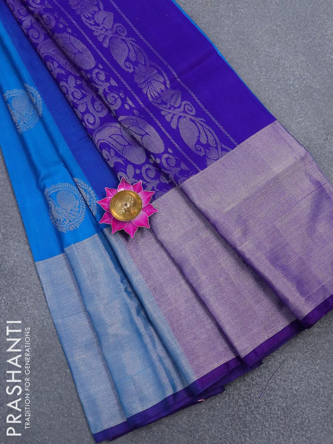 Pure uppada silk saree light blue and royal blue with silver zari woven annam buttas and long silver zari woven border - {{ collection.title }} by Prashanti Sarees