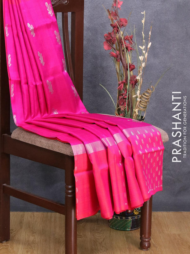 Pure uppada silk saree pink and dual shade of pinkish orange with silver zari woven buttas and silver zari woven butta border - {{ collection.title }} by Prashanti Sarees