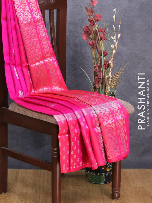 Pure uppada silk saree pink and dual shade of pinkish orange with silver zari woven buttas and silver zari woven butta border - {{ collection.title }} by Prashanti Sarees
