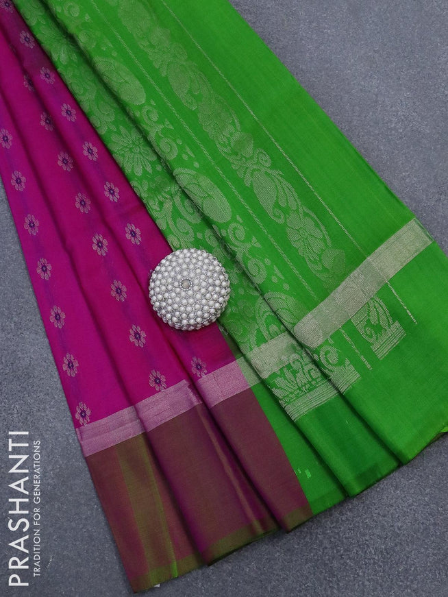 Pure uppada silk saree pink and light green with silver zari woven floral buttas and silver zari woven simple border - {{ collection.title }} by Prashanti Sarees