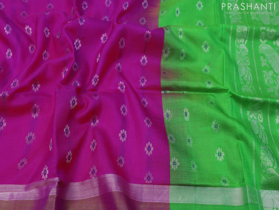 Pure uppada silk saree pink and light green with silver zari woven floral buttas and silver zari woven simple border - {{ collection.title }} by Prashanti Sarees