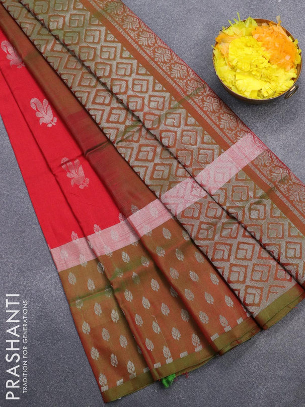 Pure uppada silk saree red and dual shade of green with silver zari woven buttas and silver zari woven butta border - {{ collection.title }} by Prashanti Sarees