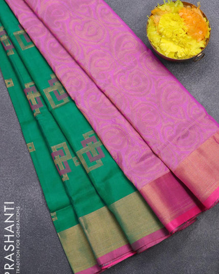 Pure uppada silk saree teal green and pink with thread & zari woven geometric buttas and zari woven border - {{ collection.title }} by Prashanti Sarees