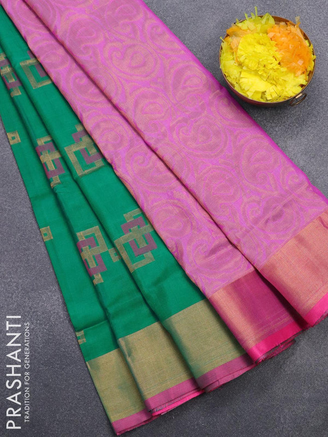 Pure uppada silk saree teal green and pink with thread & zari woven geometric buttas and zari woven border - {{ collection.title }} by Prashanti Sarees