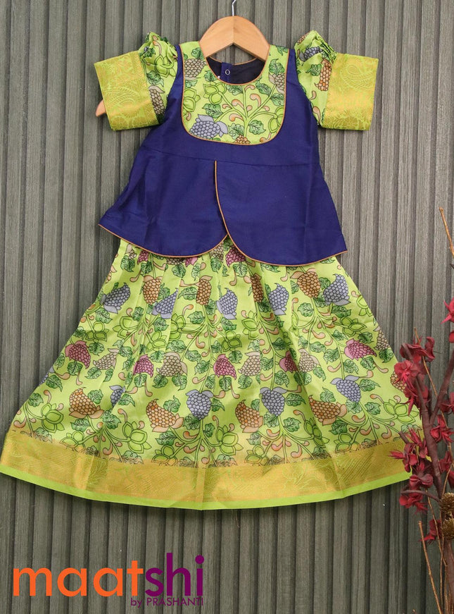 Raw silk readymade kids lehenga blue and light green with patch work neck pattern and allover prints & zari woven border for 3 years - {{ collection.title }} by Prashanti Sarees