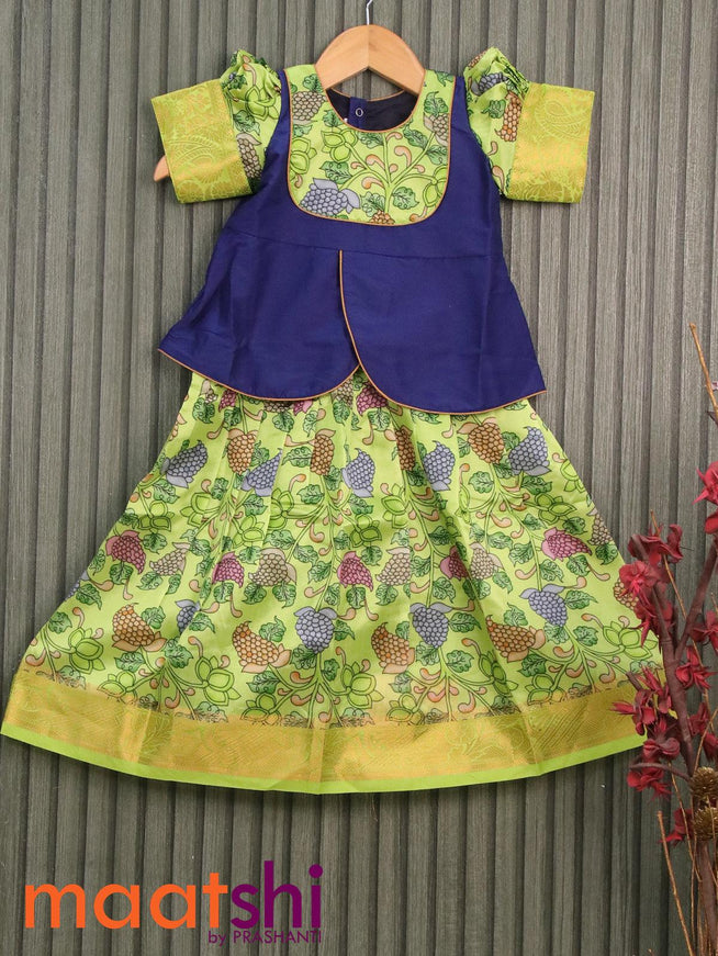 Raw silk readymade kids lehenga blue and light green with patch work neck pattern and allover prints & zari woven border for 3 years - {{ collection.title }} by Prashanti Sarees