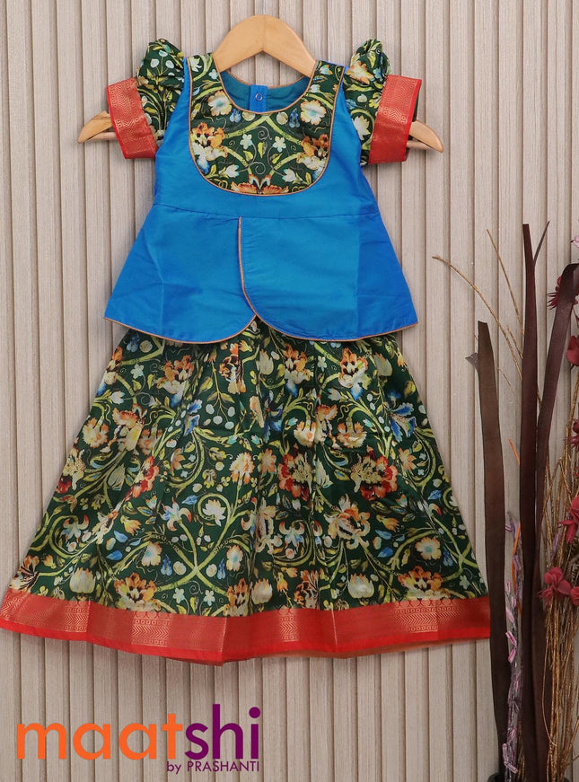 Raw silk readymade kids lehenga cs blue and dark green with patch work neck pattern and allover prints & zari woven border for 3 years - {{ collection.title }} by Prashanti Sarees