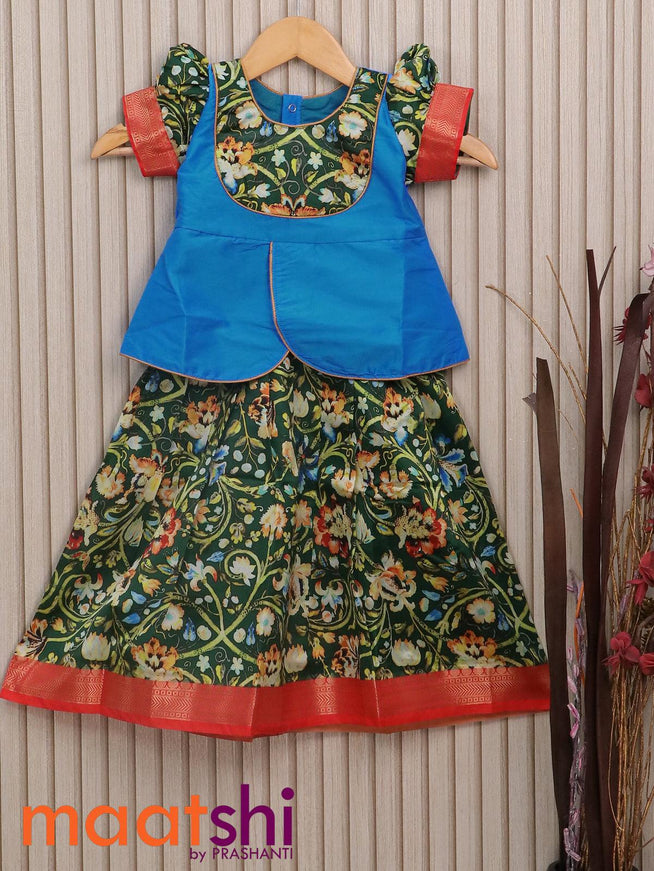 Raw silk readymade kids lehenga cs blue and dark green with patch work neck pattern and allover prints & zari woven border for 3 years - {{ collection.title }} by Prashanti Sarees