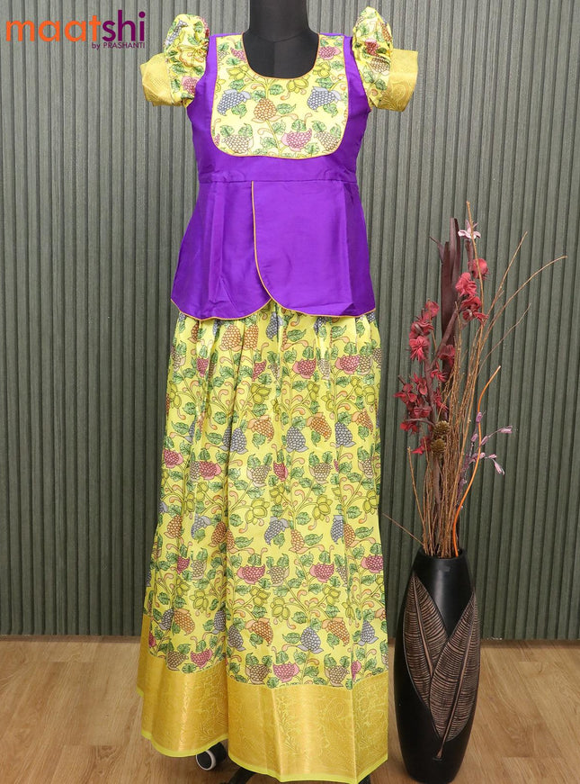 Raw silk readymade kids lehenga deep violet and yellow with patch work neck pattern and kalamkari prints & zari woven border for 13 years - {{ collection.title }} by Prashanti Sarees