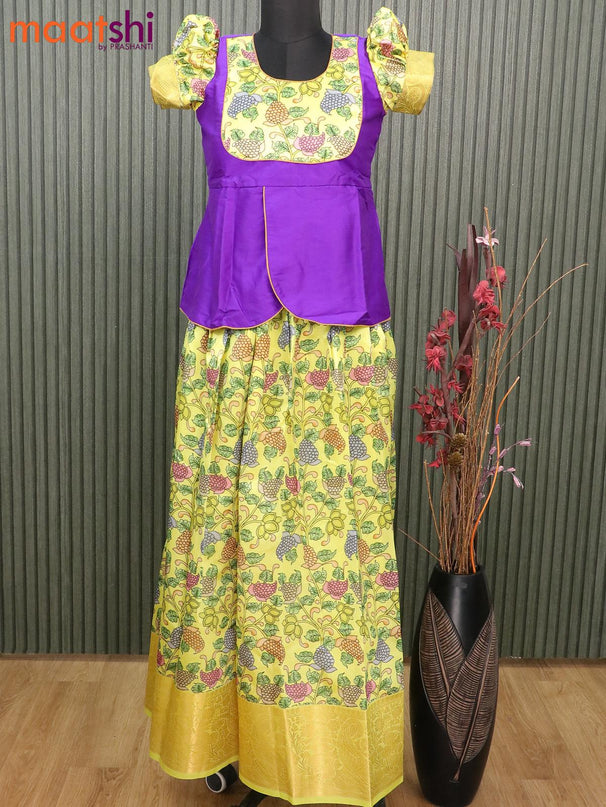 Raw silk readymade kids lehenga deep violet and yellow with patch work neck pattern and kalamkari prints & zari woven border for 13 years - {{ collection.title }} by Prashanti Sarees