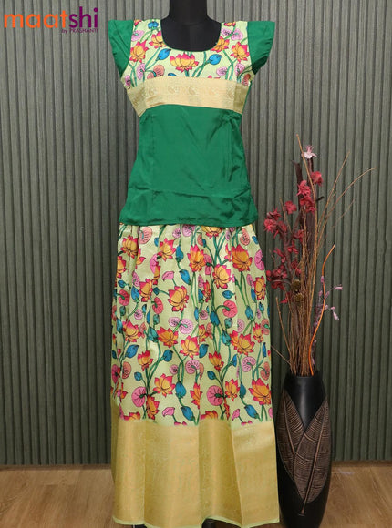 Raw silk readymade kids lehenga green and pista green with patch work neck pattern and kalamkari prints & long zari woven border for 16 years - {{ collection.title }} by Prashanti Sarees