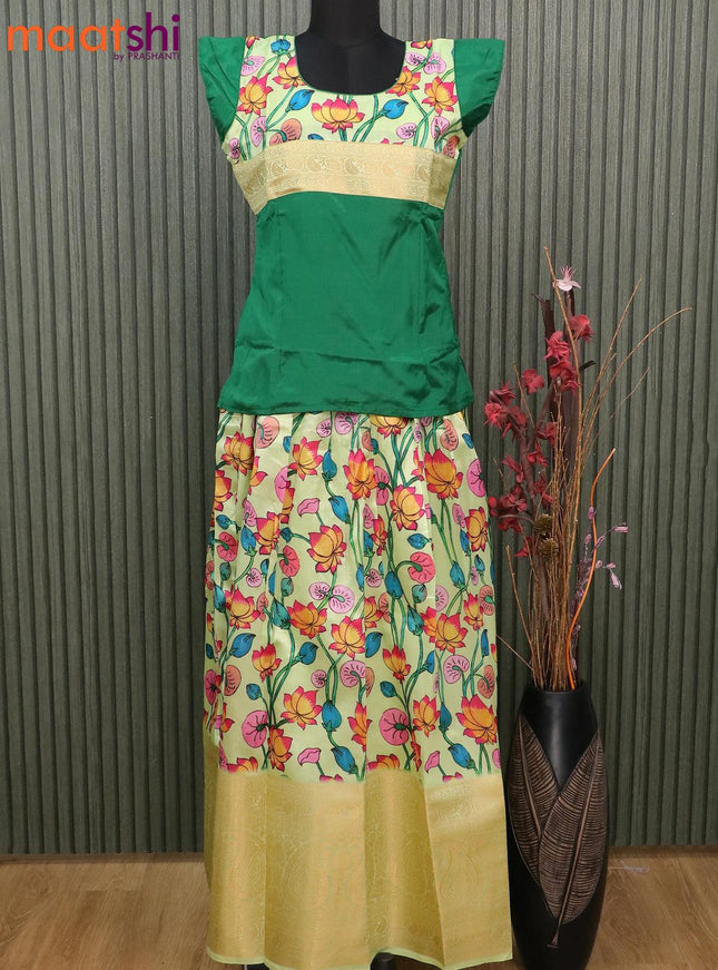 Raw silk readymade kids lehenga green and pista green with patch work neck pattern and kalamkari prints & long zari woven border for 16 years - {{ collection.title }} by Prashanti Sarees