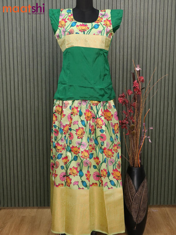 Raw silk readymade kids lehenga green and pista green with patch work neck pattern and kalamkari prints & long zari woven border for 16 years - {{ collection.title }} by Prashanti Sarees