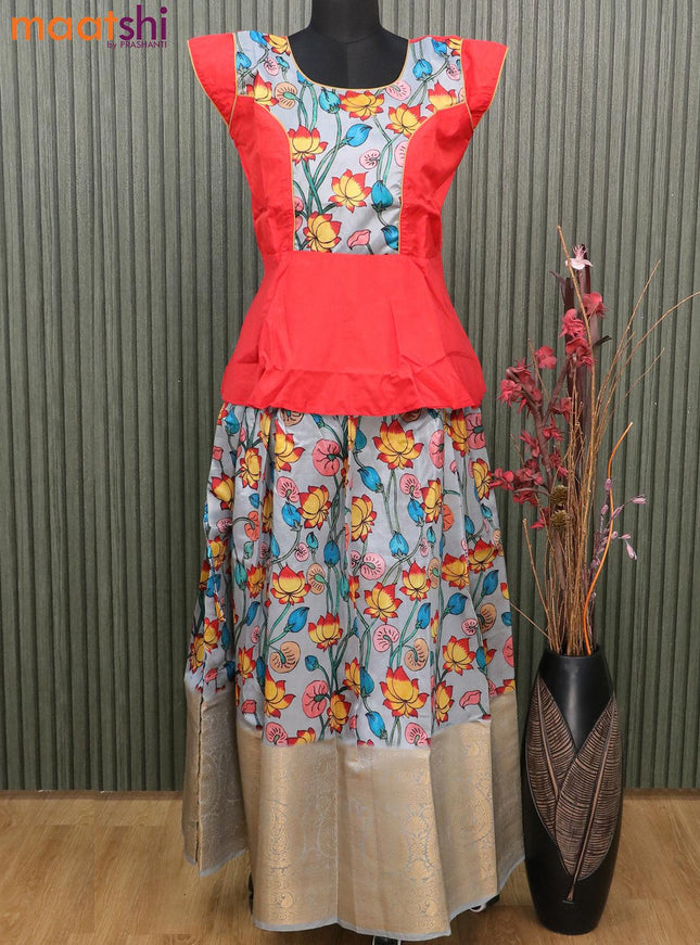 Raw silk readymade kids lehenga red and grey with patch work neck pattern and kalamkari prints & long zari woven border for 15 years - {{ collection.title }} by Prashanti Sarees