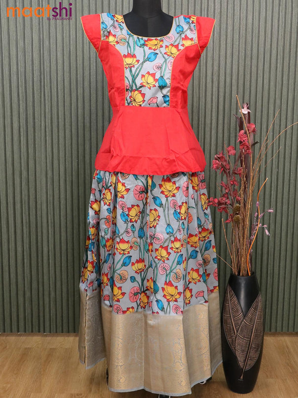 Raw silk readymade kids lehenga red and grey with patch work neck pattern and kalamkari prints & long zari woven border for 15 years - {{ collection.title }} by Prashanti Sarees