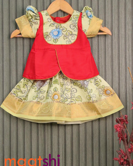Raw silk readymade kids lehenga red and pista green with patch work neck pattern and kalamkari prints & zari woven border for 0 year - {{ collection.title }} by Prashanti Sarees