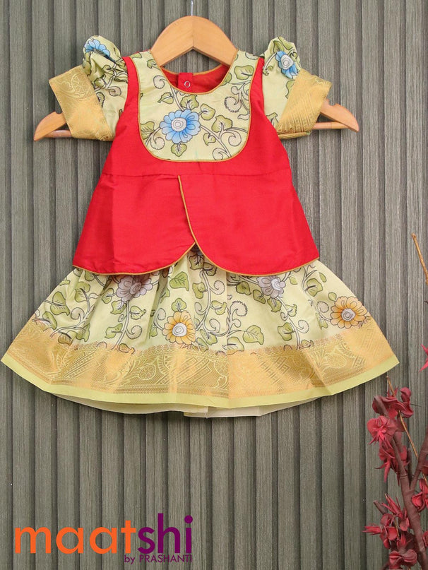 Raw silk readymade kids lehenga red and pista green with patch work neck pattern and kalamkari prints & zari woven border for 0 year - {{ collection.title }} by Prashanti Sarees